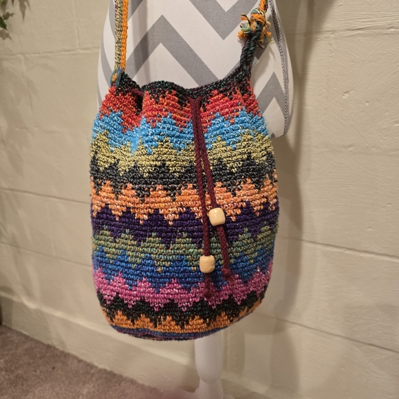 Crochet Bag Colorful Drawstring Bucket Hippie Boho Festival Travel Handmade Knit - Picture 2 of 9